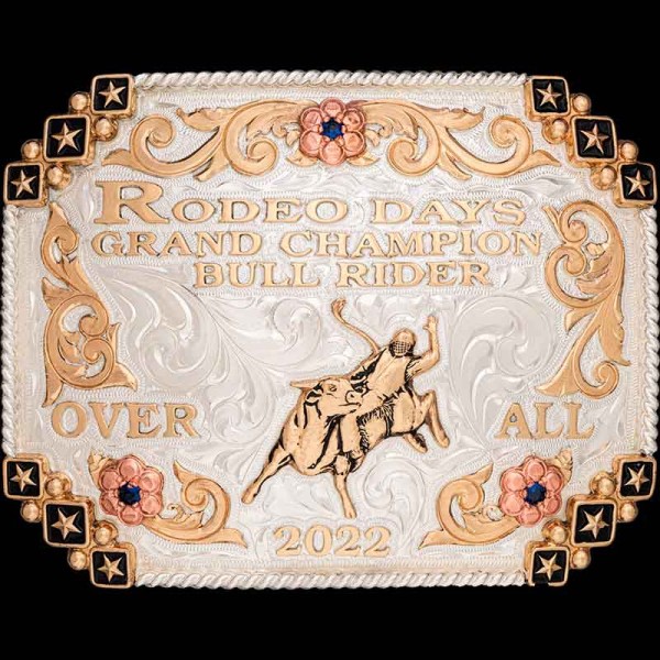 Our Rio Rancho Custom Belt Buckle features  bronze stars in boxes with beads and the perfect silver rope edge.  Customize it now for your rodeo event!