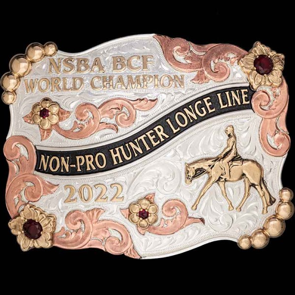 Our Santa Barbara Custom Belt Buckle features a combination floral, bead and line edge, bronze lettering and copper scrolls. Personalize this best-seller buckle for your rodeo event!