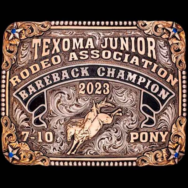 Stillwater, German Silver buckle, black enamel banner, framed by our classic beaded edge and stars! Beautiful scrollwork made with Jewelers bronze as well as a line ed