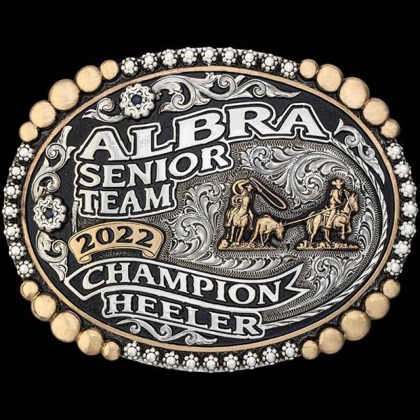 The Weatherford Custom Belt Buckle is a great oval vintage style Buckle.  Built on German Silver base silver berries and graduated 5 bead edge. Personalize your design now!