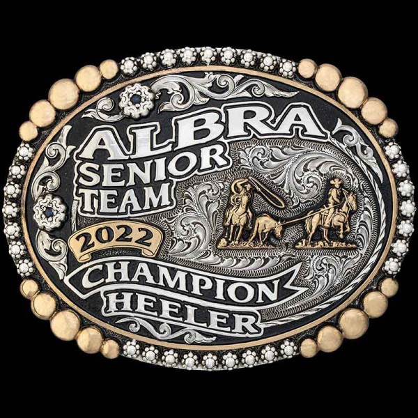 Great Vintage style Buckle.  German Silver base with a German Silver berry and graduated 5 bead edge.  German Silver Overlays with a Jewelers Bronze Banner and Figure.  Choose your personalized lettering, stone color, and figure. 