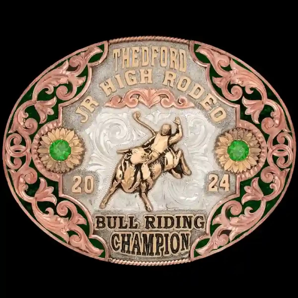 The Conroe Turquoise Buckle is a classic oval rodeo belt buckle built with gorgeous copper scrollwork and a hand engraved german silver base. Customize it now with your own lettering and figure!