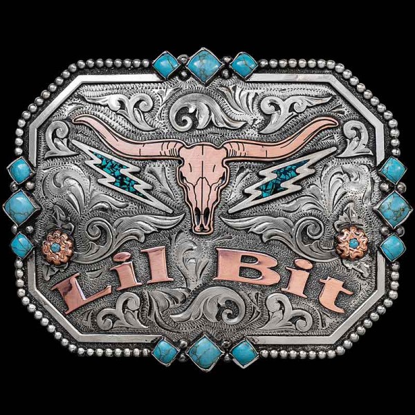 Stand out at any Rodeo with the Diamond Turquoise Belt Buckle, crafted on a hand engraved base with silver and turquoise details. Customize it with your own lettering and logo! 