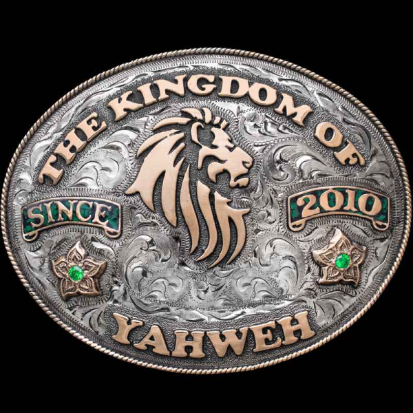 Celebrate your faith with the  Fairmont Belt Buckle, featuring a hand engraved silver base with customizable crushed turquoise banners. Personalize it today!