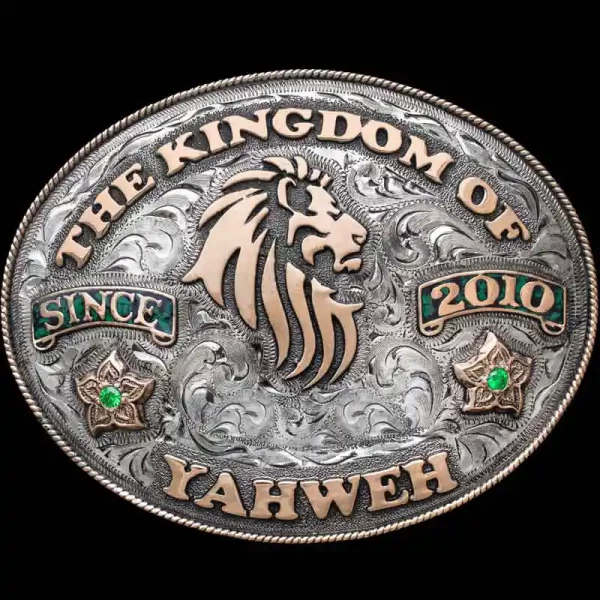 Celebrate your faith with the  Fairmont Belt Buckle, featuring a hand engraved silver base with customizable crushed turquoise banners. Personalize it today!