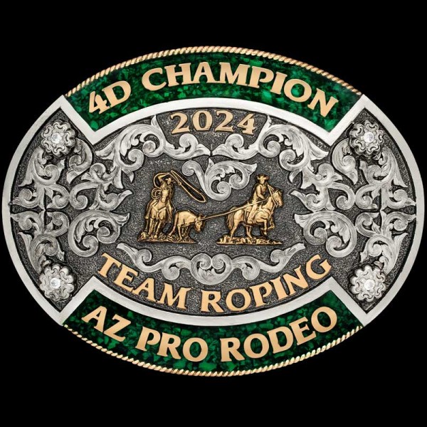 The Fayetteville Turquoise Buckle is a classic rodeo buckle with a matted silver base and intrincate silver scrollwork and two crushed turquoise customizable banners. Personalize it now!