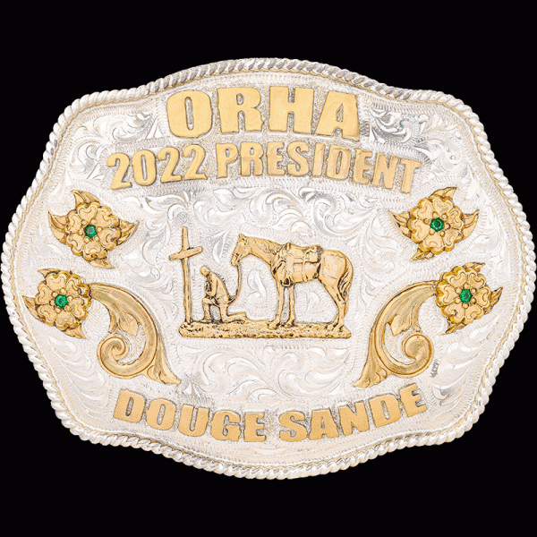 Dallas, This buckle is made of our highest quality of German silver. It has a beautiful hand engraved design all around the background and a silver twisted rope ed