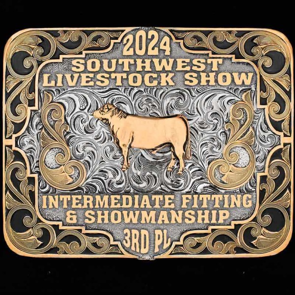 The Decatur Custom Belt Buckle is a great choice when you have an abundance of lettering! Personalize this design with your own logo or ranch brand!
