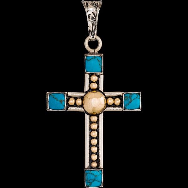 Deuteronomy, German Silver base is 1.6"x2.3" with Jewelers Bronze beads and simulated turquoise, finished with our classic antique.

Chain not included.