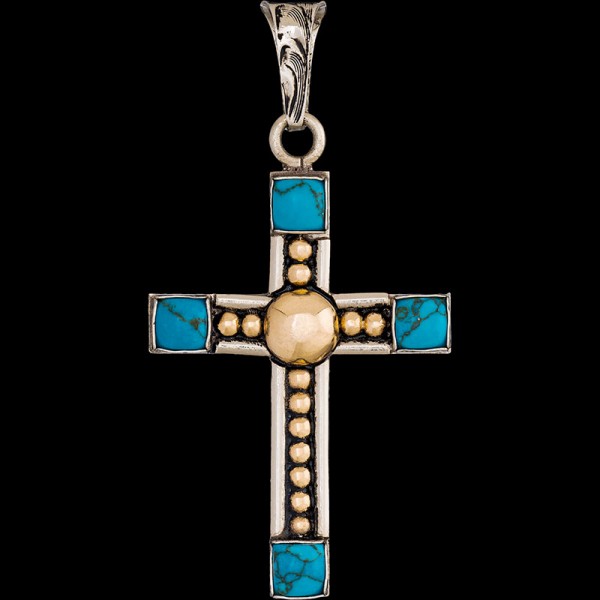 Deuteronomy, German Silver base is 1.6"x2.3" with Jewelers Bronze beads and simulated turquoise, finished with our classic antique.

Chain not included.