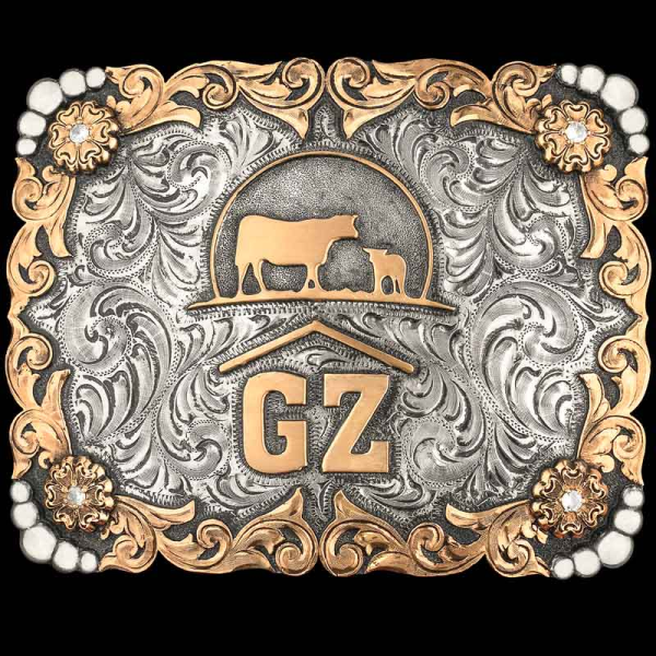 Represent your family farm with the Dutton Belt Buckle. Built on a hand engraved square silver base and gorgeous bronze scrollwork and flowers. Customize this buckle design now!