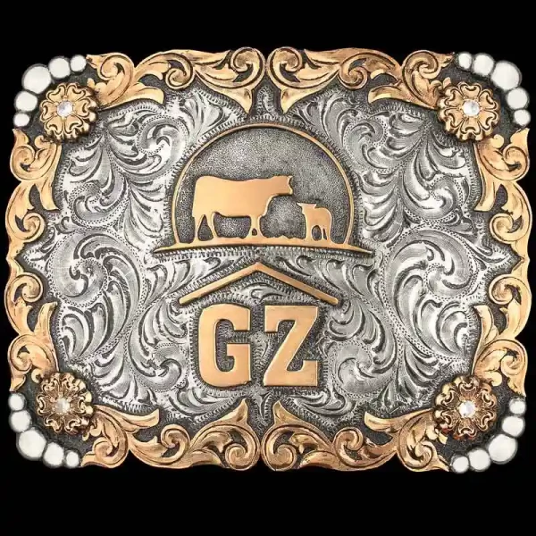 Represent your family farm with the Dutton Belt Buckle. Built on a hand engraved square silver base and gorgeous bronze scrollwork and flowers. Customize this buckle design now!