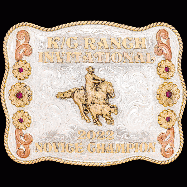 The Edinburg Custom Belt Buckle is a silver buckle with single bronze rope edge, Jewlers bronze flowers, copper overlays, and bronze letters.  Customize this unique silver buckle today!