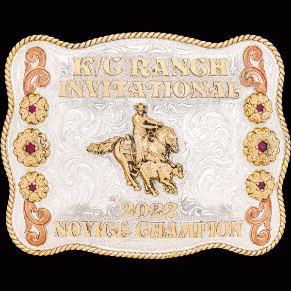 Edinburg, Silver buckle with single bronze rope edge, Jewlers bronze flowers, copper overlays, and bronze letters.  Your choice of letters, stone color and figu