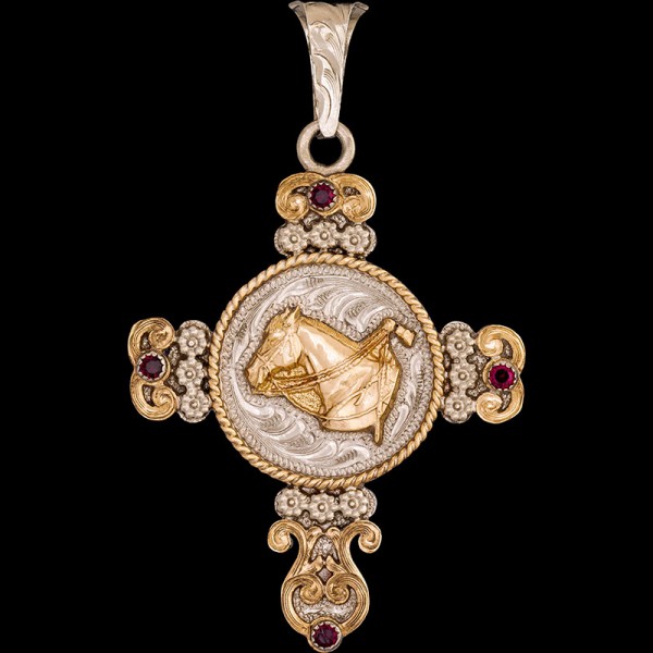 Esther, Unique German Silver base 1.5"x2" Cross framed by flowers and a Jewelers Bronze figure, scrollwork and a rope edge.

Chain not Included.