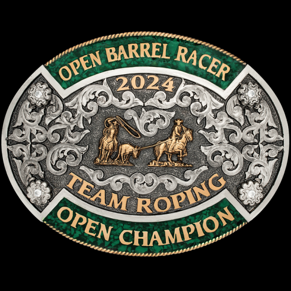 FAYETTEVILLE, This custom Oval Buckle is sure to stand out, with our signature Crushed Stones detailed on the top and bottom banner! Hand engraved scrolls, 3D flowers, y
