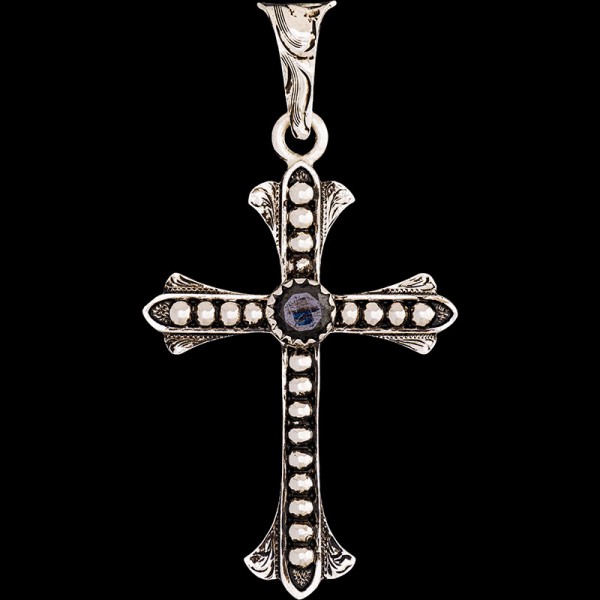Genesis, German Silver 1.6"x2.3" cross with beeded, and engraved detailing, an antique finish. 

Chain not included.