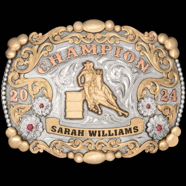 Idaho Falls Belt Buckle, The 'Idaho Falls' buckle is a celebration of rodeo excellence. Crafted for champions, this buckle features a hand-engraved base, adorned with jewel
