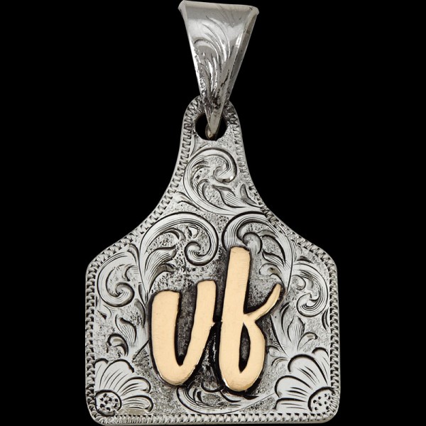 Jersey Cow, This ear tag pendant has a German Silver base that has beautiful hand engravings throughout the entire base on the front and back. Customize it with your c