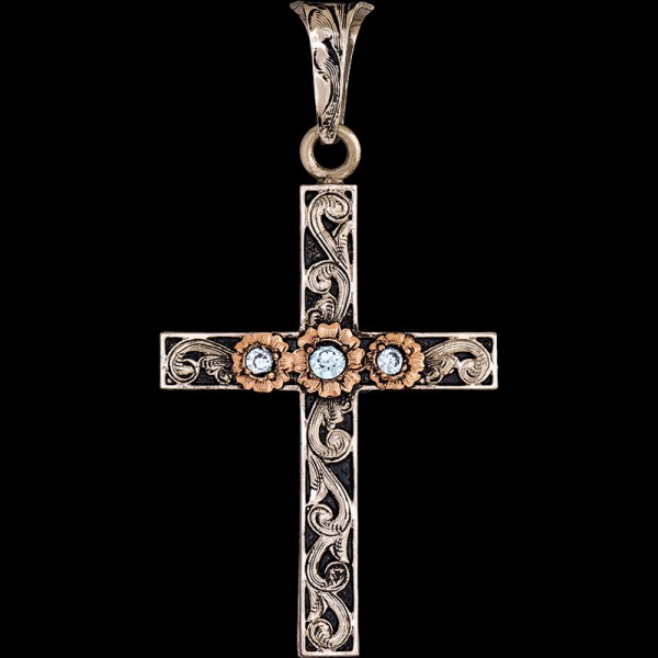 John, German Silver 1.6"x2.3" Cross with hand-engraved scrollwork and antique, copper flowers and Cubic Zirconia.

Chain not included.