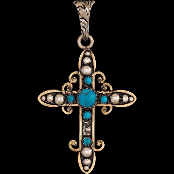 Joshua, German Silver 1.6"x2.3" cross with beaded details, simulated turquoise, and framed with Jewelers Bronze.


Chain not included.