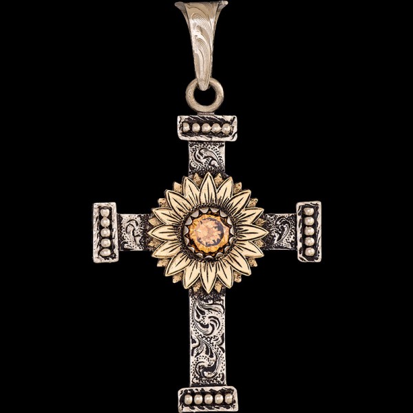 Kings, Beautiful hand-engraved German Silver base, 1.6"x2.3" with beaded edges, at the center a large sunflower in Jewelers Bronze with your choice of C