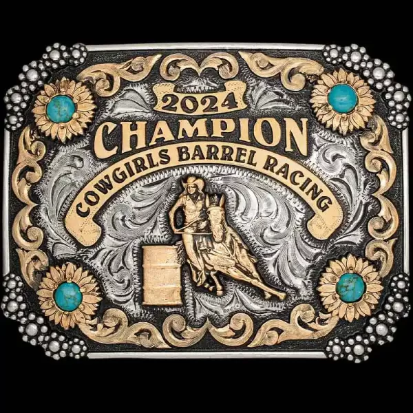 The Lampasas Custom Belt Buckle embodies the spirited essence of cowgirl style. Featuring flower bead corners and Turquoise stones. Customize this design now!