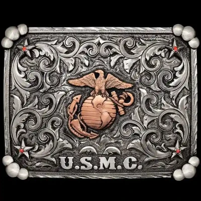 A marine corps belt buckle featuring the United States Marine Corps emblem