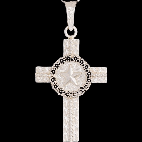 Mark, Silver Plated 1.6"x2.3" Cross, with rope details and berries adorning a star. 

Chain not included.
