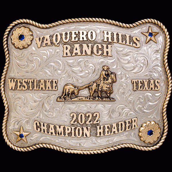 Midland Classic, This buckle has a German Silver Base with a Jewelers Bronze rope edge.  Jewelers Bronze flowers and letters.  Your choice of letters, stone color