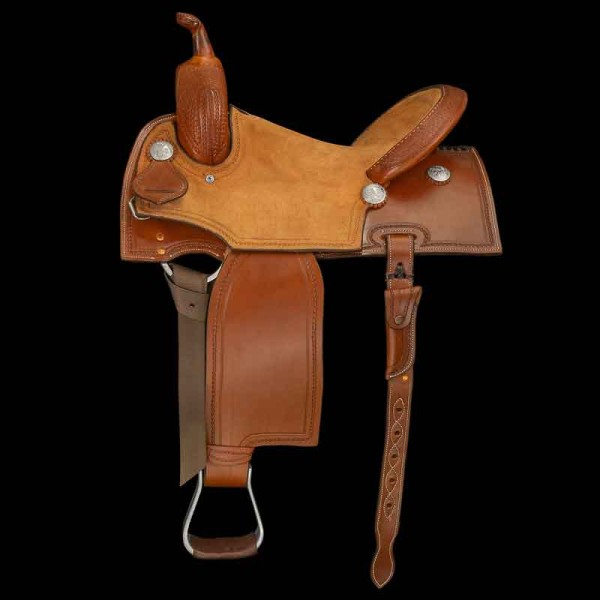 Embrace the rugged elegance of our Rancher Saddle, featuring a full roughout seat and seat jockey, enhanced with partial Basket Weave Tooling. 