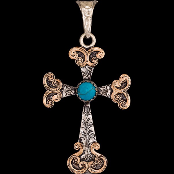 Numbers, Amazing German Silver Base 1.5"x2" with hand-engraved scrollwork and copper details a large turquoise stone.

 

Chain not Included.