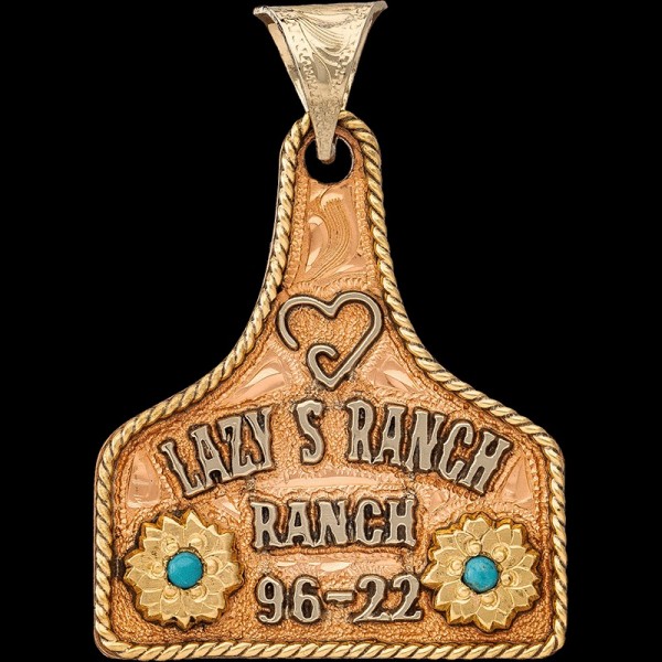 Penny, Copper base measures 1.75"x1.50", Jewelers Bronze rope edge and flowers with Cubic Zirconia of your choice. German Silver letters.

Chain 
