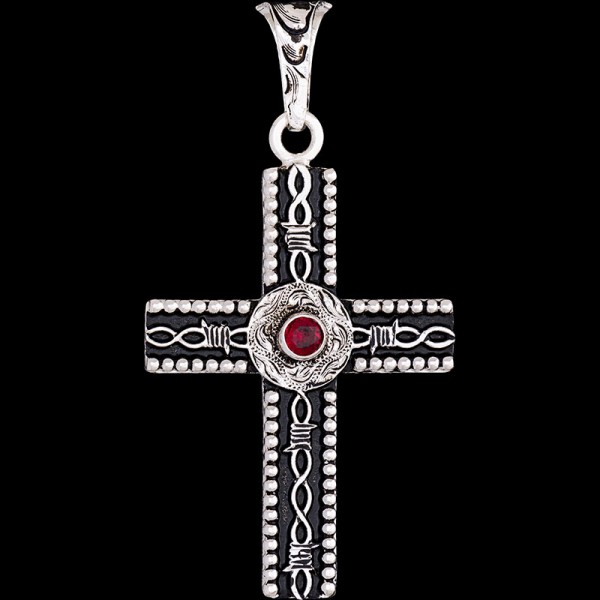 Psalms, Wow! A Masculine Cross with a 1.5"x2" German Silver base, beaded edges, a barbed wire, and black enamel, cubic zirconia of your choice.

 