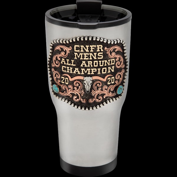 Create a unique Pygora Custom Tumbler by customizing it with your preferred figure, ranch brand, or logo. This Rtic 30 oz. thermo cup features a matted german silver decoration with copper scrollwork and large turquoise stones.