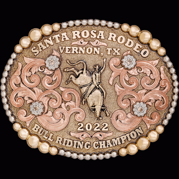 The beautiful Roseburg Custom Belt Buckle features a beautiful bead frame with copper scrollwork and flowers. Personalize this belt buckle for your rodeo event today!