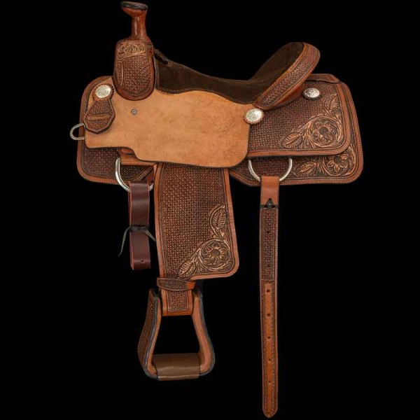 Elevate your roping style with this western horse saddle featuring a full suede padded seat and a captivating blend of basket weave and floral carving. 