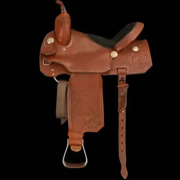 Ideal for trail rides or competitive events, this ranch saddle features full carving with a Basket Weave pattern and a padded suede half seat for comfort. 