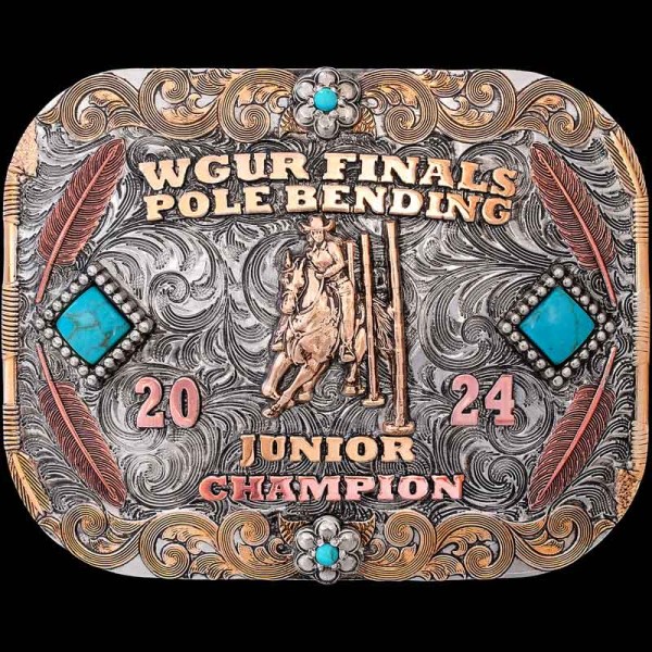 The Antebellum North Custom Belt Buckle has a unique frame with bronze floral overlays, engraved feathers and 4 turquoise stones. Personalize this design now!