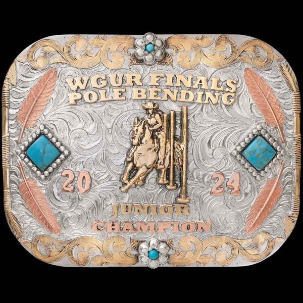 A Twist on our Best-Selling Antebellum North Classic Buckle.  Detailed with an arrow border, floral overlays and beautiful feather elements. Customize it now!

Customize it with your lettering, figure