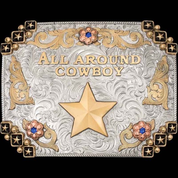 Our Rio Rancho Custom Belt Buckle features  bronze stars in boxes with beads and the perfect silver rope edge.  Customize it now for your rodeo event!