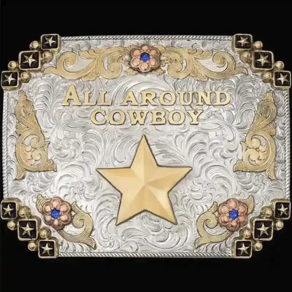 Our Rio Rancho Custom Belt Buckle features  bronze stars in boxes with beads and the perfect silver rope edge.  Customize it now for your rodeo event!