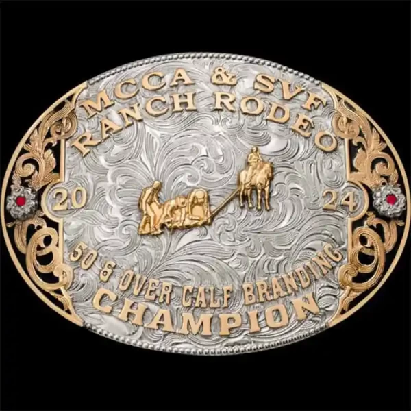 The oval Bartlesville Custom Belt Buckle has our Finest German Silver base, with a Rope Edge and beautiful matted lettering! Customize this buckle design for your rodeo event!