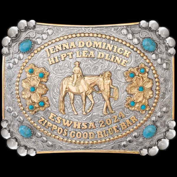 Las Cruces Custom Belt Buckle is a silver plated buckle with beads and antique finish. Perfect as an award, gift, rodeo trophy and for women's western fashion!