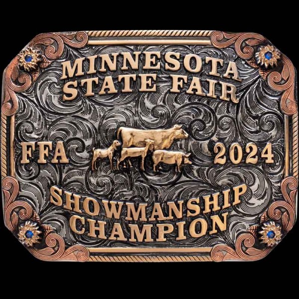 A custom livestock belt buckle trophy for Minnesota State Fair Showmanship Championship featuring a cow, lamb, goat and pig figures 