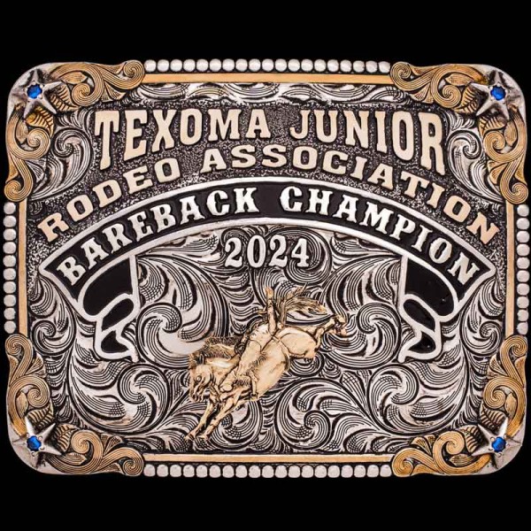 Our classic Stillwater Custom Belt Buckle comes with a enamel banner, framed by our classic beaded edge and stars! Personalize it with your own rodeo and western figure!