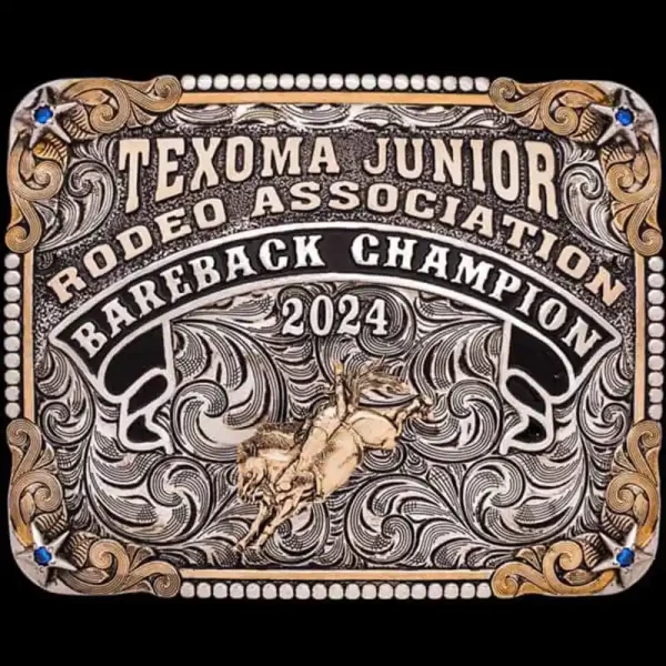 Our classic Stillwater Custom Belt Buckle comes with a enamel banner, framed by our classic beaded edge and stars! Personalize it with your own rodeo and western figure!