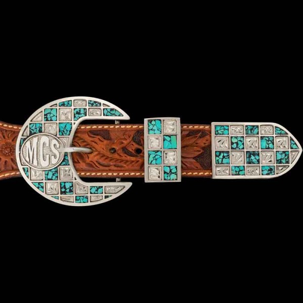 Topanga, This unique 3 piece buckle is sure to stand out on any western outfit! Featuring Molly's checkerboard pattern intertwined with our Crushed Stones. This