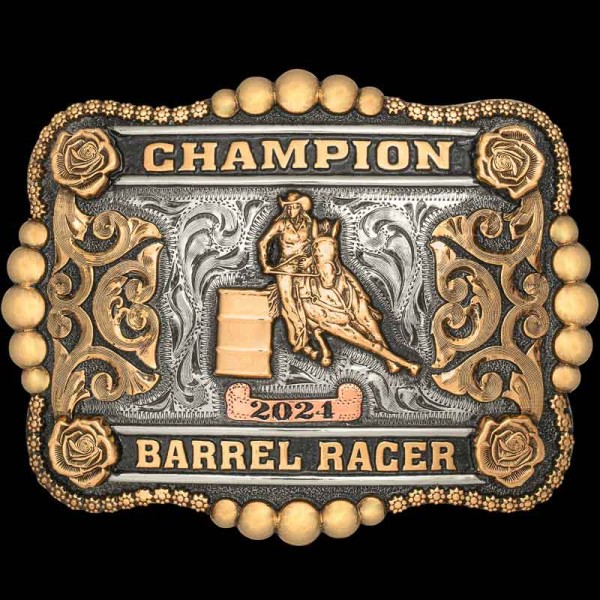 The Woodside Custom Belt Buckle captures the rugged spirit of the West with its bronze scrollwork, large bead edge and four rose figures. Personalize this buckle design today!