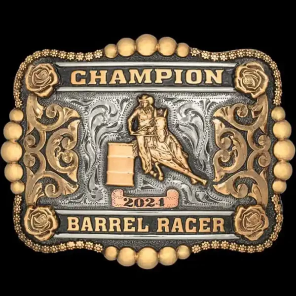 The Woodside Custom Belt Buckle captures the rugged spirit of the West with its bronze scrollwork, large bead edge and four rose figures. Personalize this buckle design today!